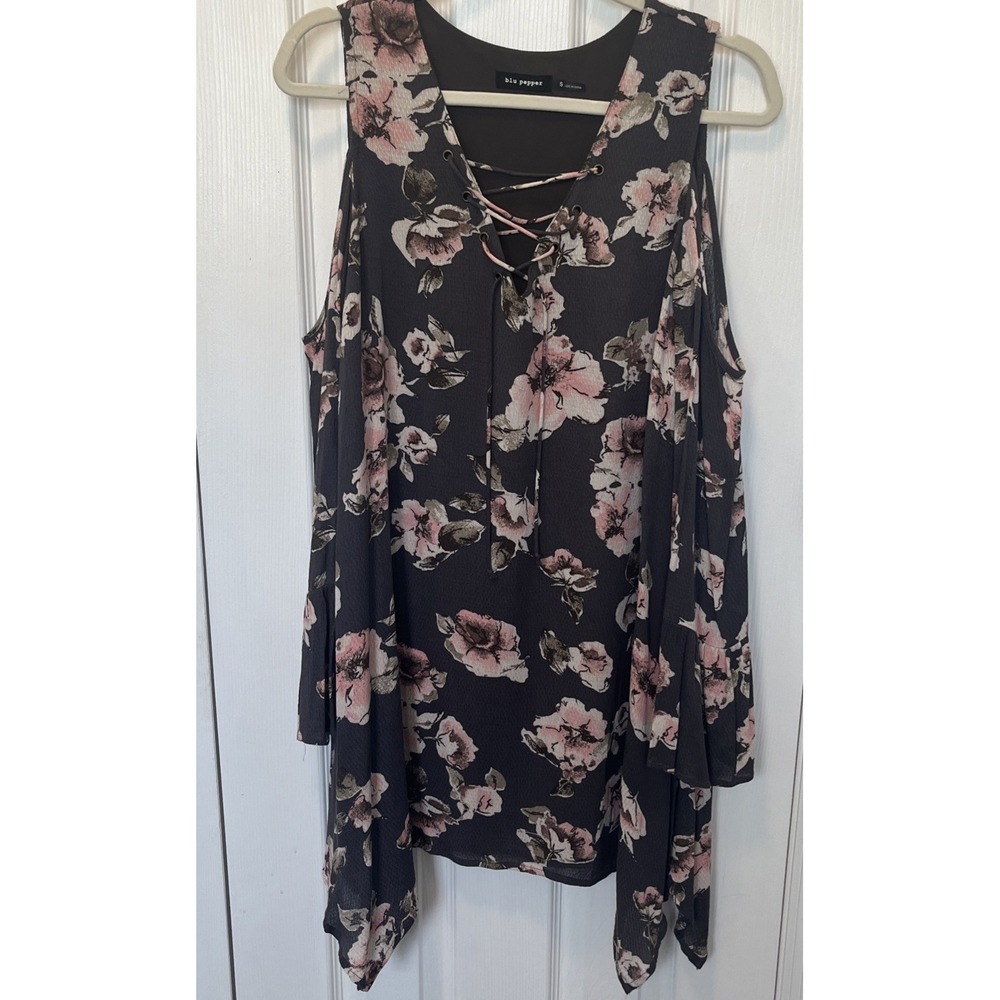 Blu Pepper Womens Brown Floral Dress Cold Shoulder Bell Sleeve Boho Romantic S